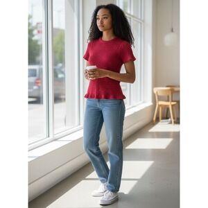 Worth New York Fusia Red Cotton Basketweave Knit Short Sleeve Sweater womens md